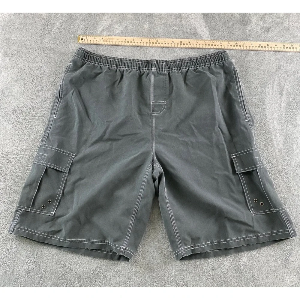 Magellan Sportswear Mens Cargo Board Shorts Gray Swim Trunks Elastic Waist 41W